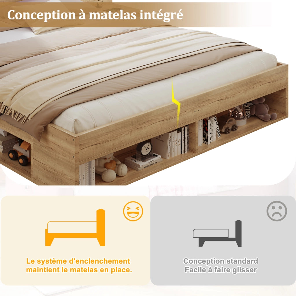 Letto matrimoniale 180 × 200 cm con contenitore, USB e Type-C, LED, 2 comodini integrati, senza materasso, MDF, naturale