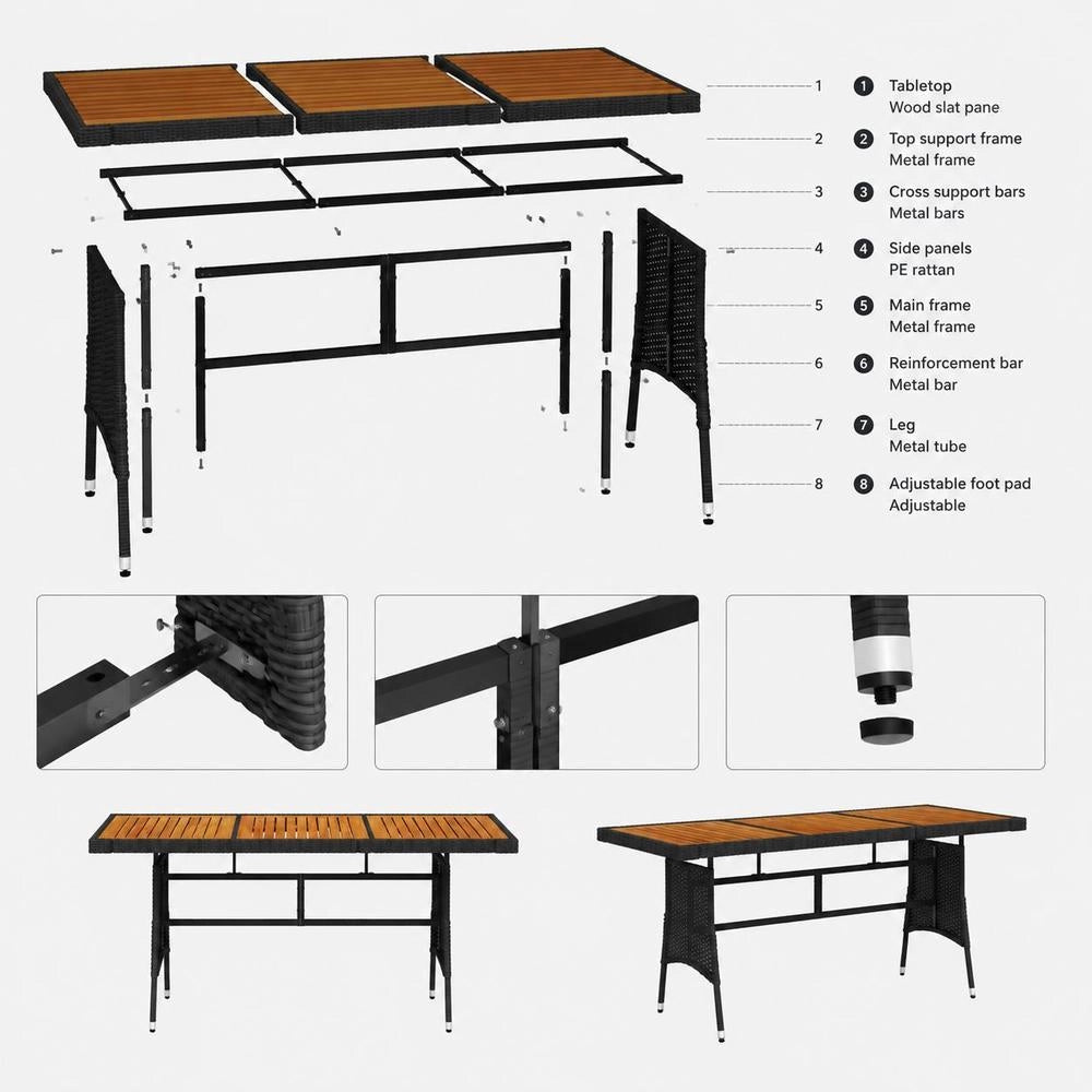 Garden Table Black 160x70x72cm Poly Rattan & Solid Acacia Wood