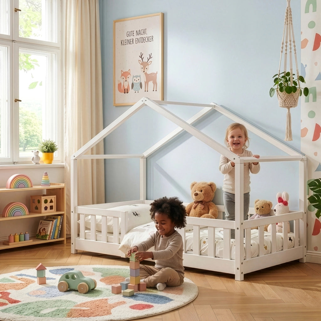 Letto per Cameretta Treviolo a Forma di Casetta in Stile Montessori con Materasso 80x160 cm - Bianco [en.casa]