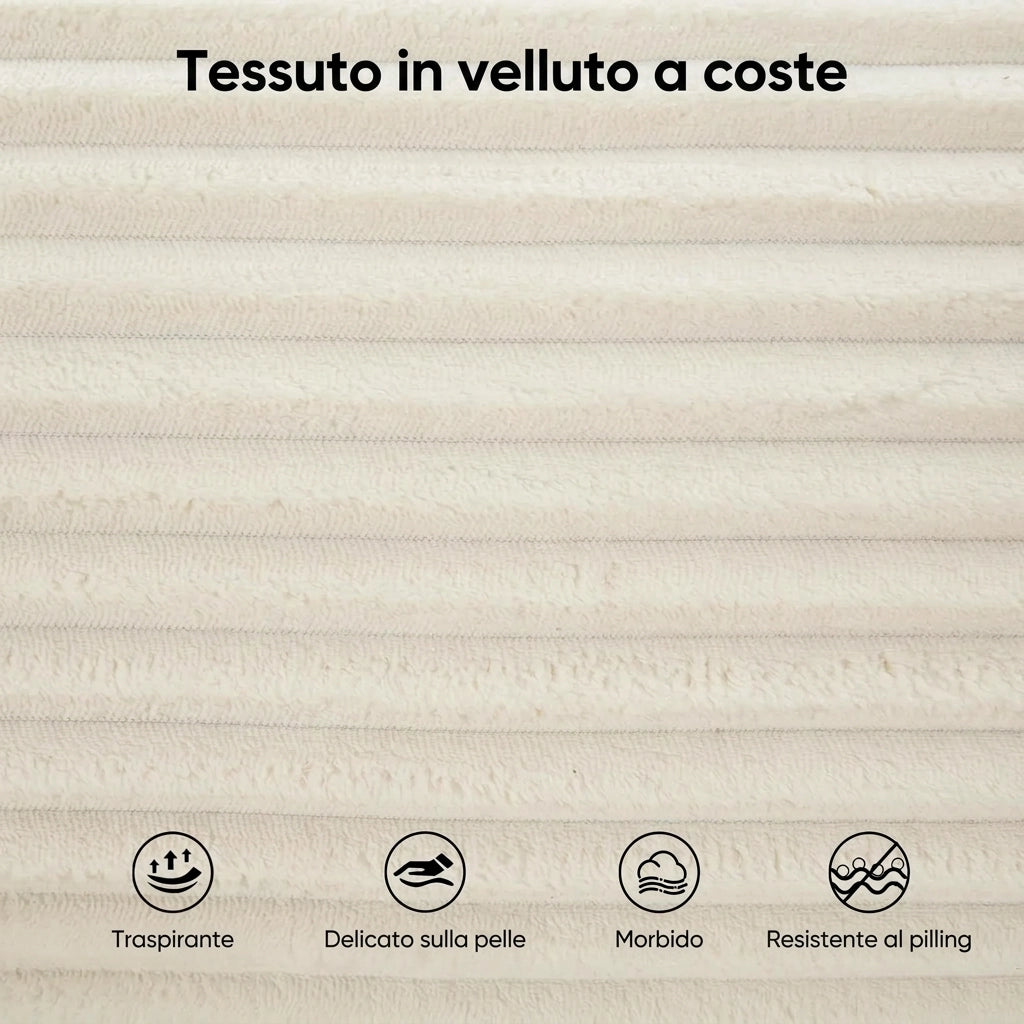 Divano 2 posti bianco trasformabile 2 in 1 in tessuto a coste con memory foam