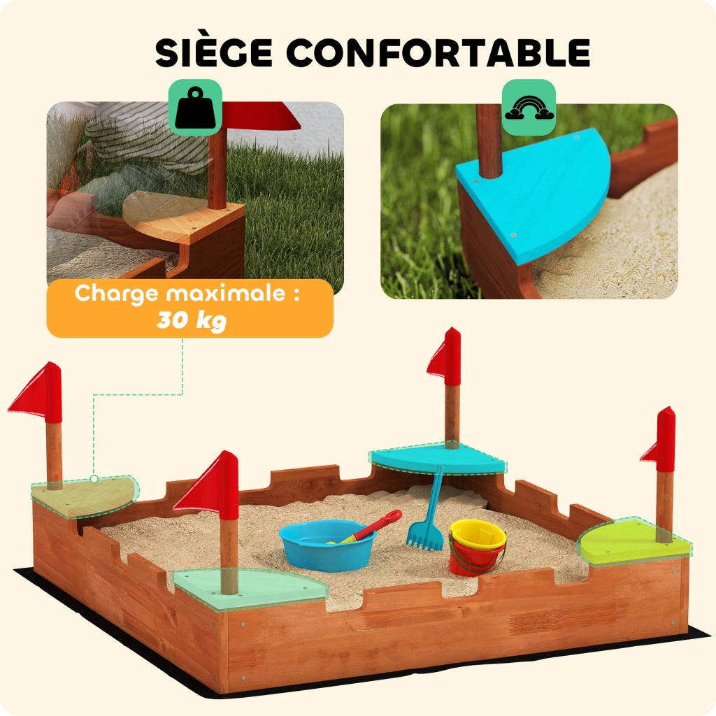 Sandbox in legno per bambini con sedili e bandiere ¨C zephmum ¨C marrone 90x90x17 cm