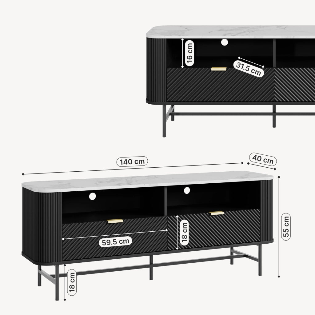 Mobile Porta TV Olvehok con Cassetti e Scomparti Aperti 140x40x55cm Nero / Effetto Marmo Bianco [en.casa]