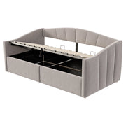Letto imbottito singolo 90×200 cm con contenitore idraulico; rete e braccioli; senza materasso; velluto; grigio chiaro