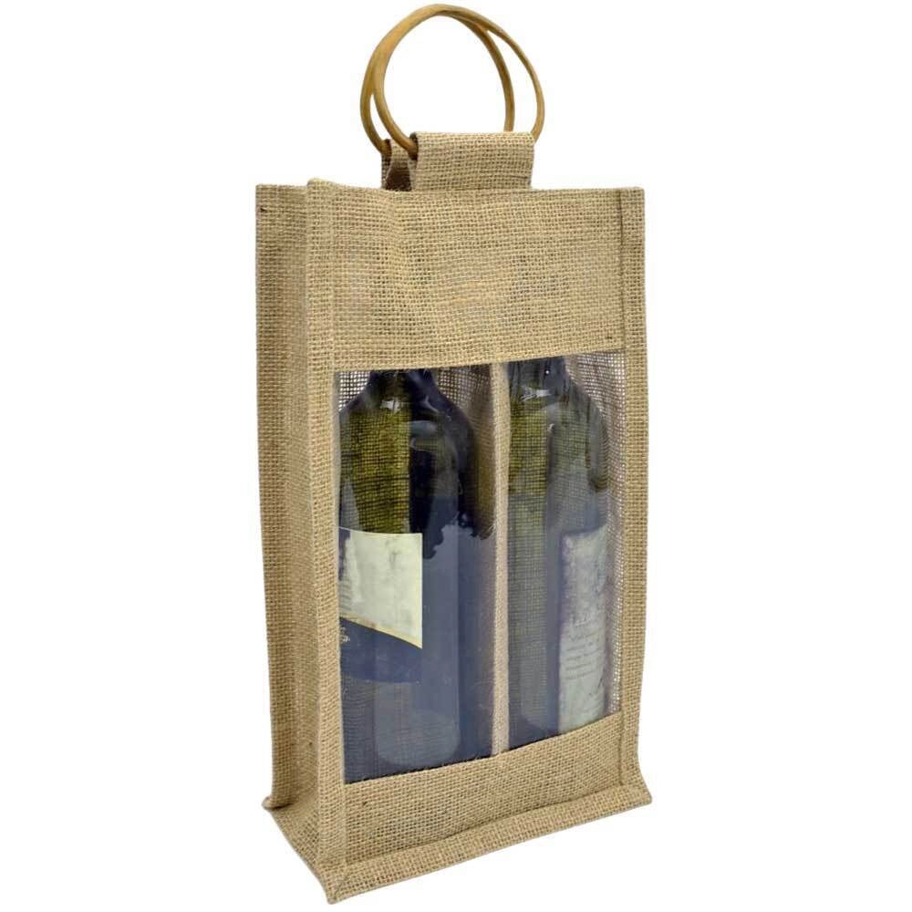 Borsa a due portabottiglia in telo juta con manici in legno x 5 pezzi