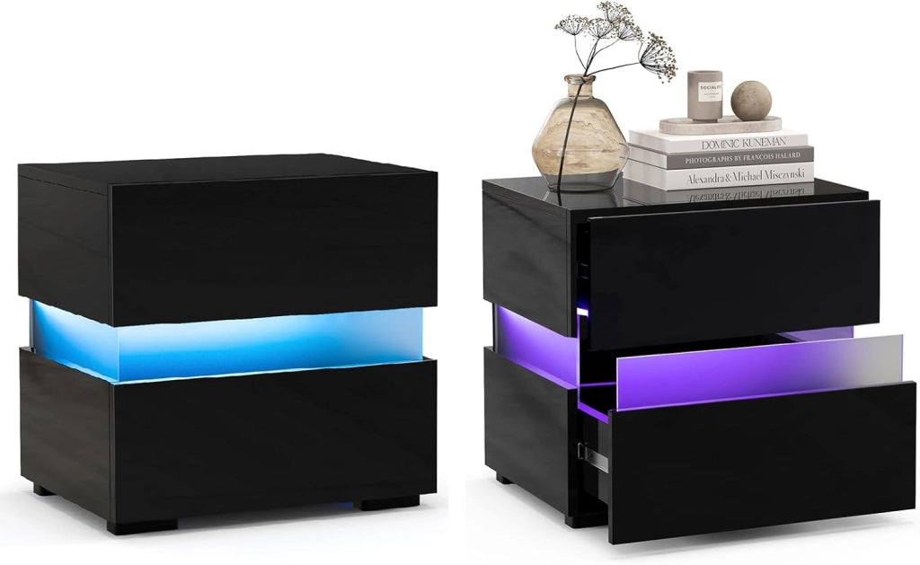 Comodino con Illuminazione a LED, 45 x 35 x 45 cm, Comodino con 2 Cassetti, LED con 22 Modalità Dinamiche, 5 Livelli di Luminosità e Telecomando (2, Nero)