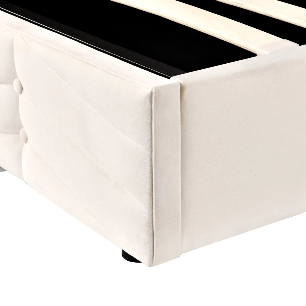 Letto imbottito 140x200 cm con testiera regolabile, struttura con rete a doghe, rivestimento in velluto beige