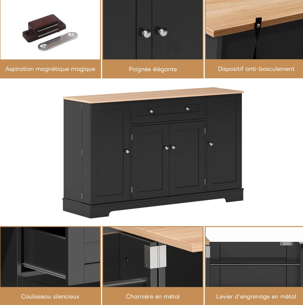 Credenza da cucina moderna 138 cm con cassetto; ante e ripiani interni; nero in MDF