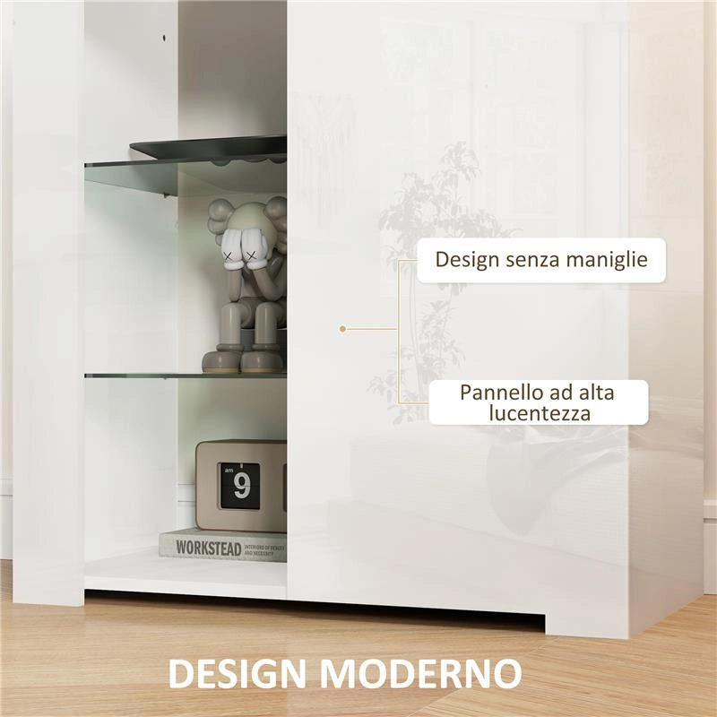MOBILE CONTENITORE A LED CON 3 RIPIANI APERTI E ARMADIETTO A 2 LIVELLI IN LEGNO E VETRO 75X40.1X83 CM BIANCO