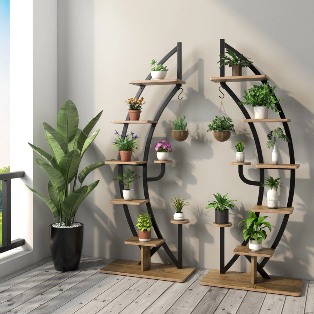 Set di 2 scaffali per piante in metallo a 7 livelli, Scaffali a forma di mezza luna curva con gancio superiore Nero-Scaffali per piante