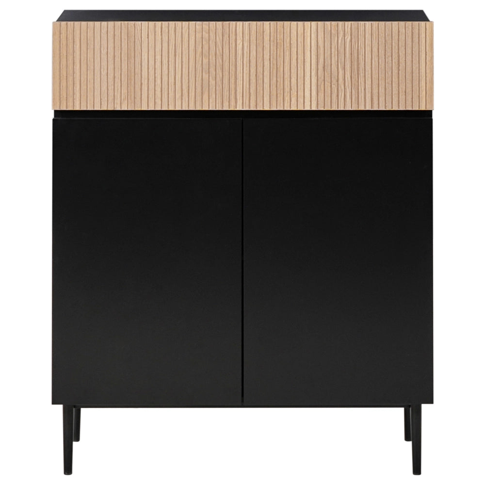 Credenza a 3 ante in MDF nero e legno di frassino naturale, con frontale a coste, 2 ripiani e un cassetto Soggiorno moderno