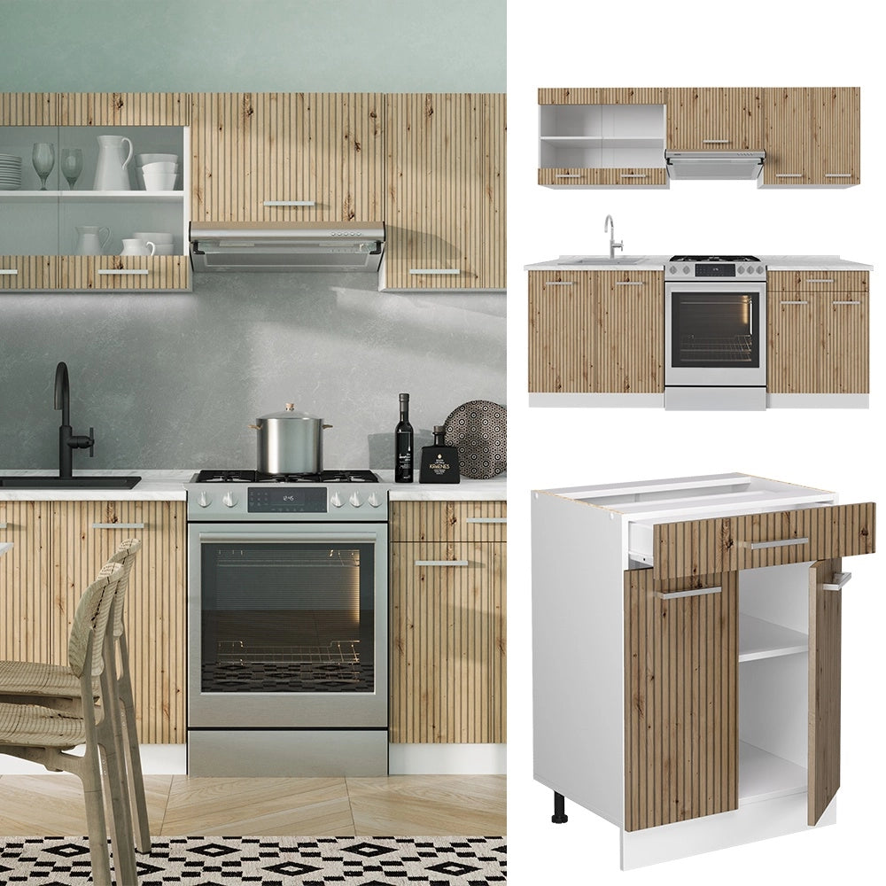 Cucina componibile R-Line Rovere artigianale/Bianco 200 cm senza piano di lavoro Vicco