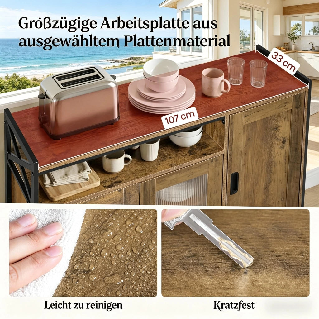 Credenza e madia con vano aperto e 2 ante, per cucina e soggiorno, in legno e metallo, marrone, 110 × 33 × 75 cm