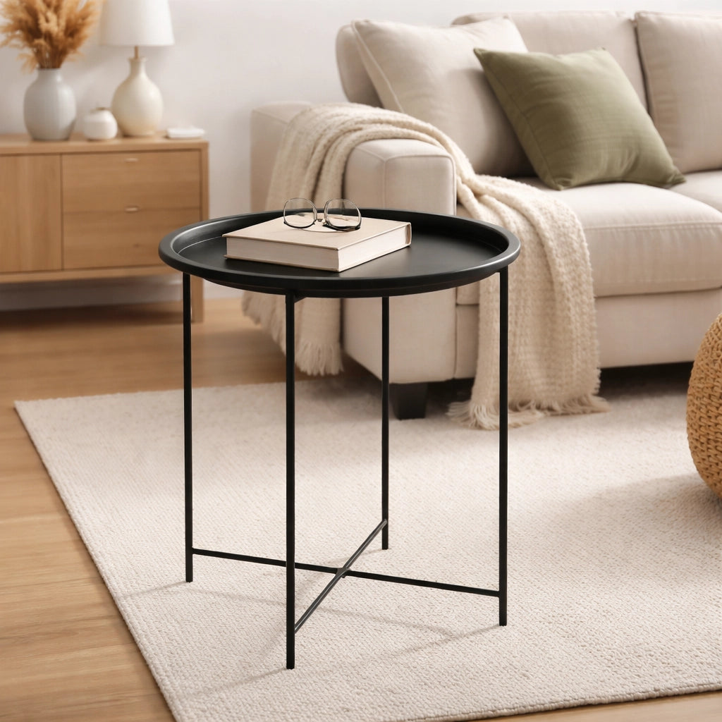 Tavolino da Salotto con Vassoio Tondo Metallo Moderno 35x35 H 50,5 cm Nero