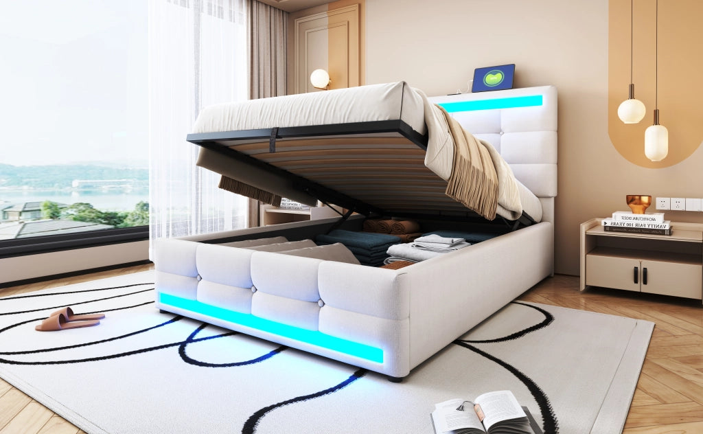 DESMIU Letto imbottito 90 × 200 cm 1 posto con LED RGB, 2 porte USB, testiera regolabile, senza materasso, beige