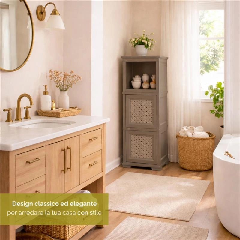 COLONNINA MISTA 3 MODULI 2 ANTE TRAFOR.MOBILE VERSATILE 3 MODULI WENGÉ 40X43X125 CM CON ANTA TRAFORATA E VANI A GIORNO – MOBILE MULTIUSO SALVASPAZIO PER CASA