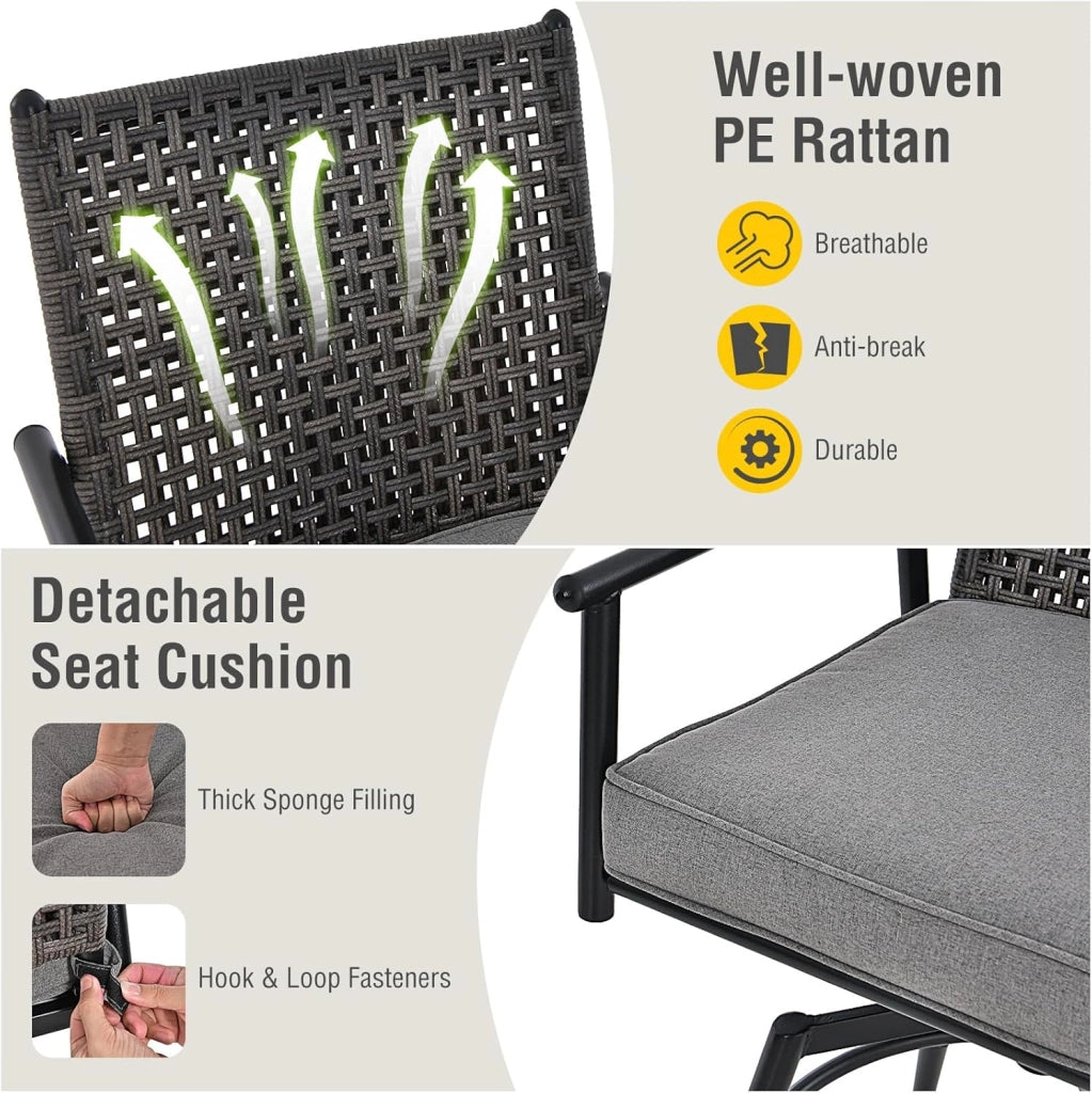 Set di 2 sgabelli da bar girevoli, con schienale in rattan e telaio in metallo, sedia da giardino con cuscino rimovibile, sgabello da bistrò, sedia girevole per esterni, colore nero