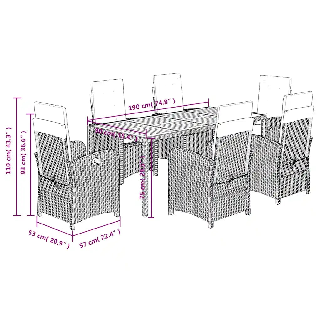 Set da Pranzo da Giardino 7 pz Nero con Cuscini in Polyrattan