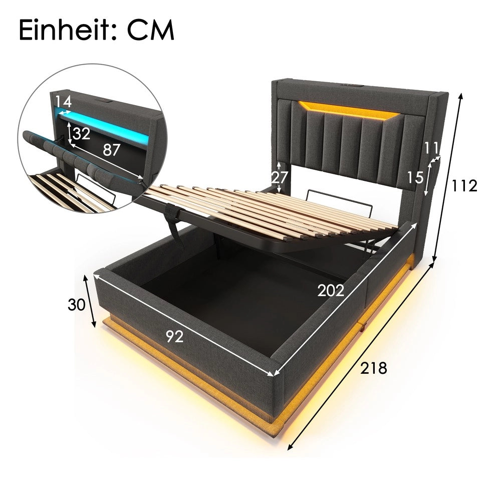 Letto Singolo Imbottito con Contenitore Idraulico, LED e USB ¨C MINIMAL ¨C 90x200, Grigio Lino, con Materasso