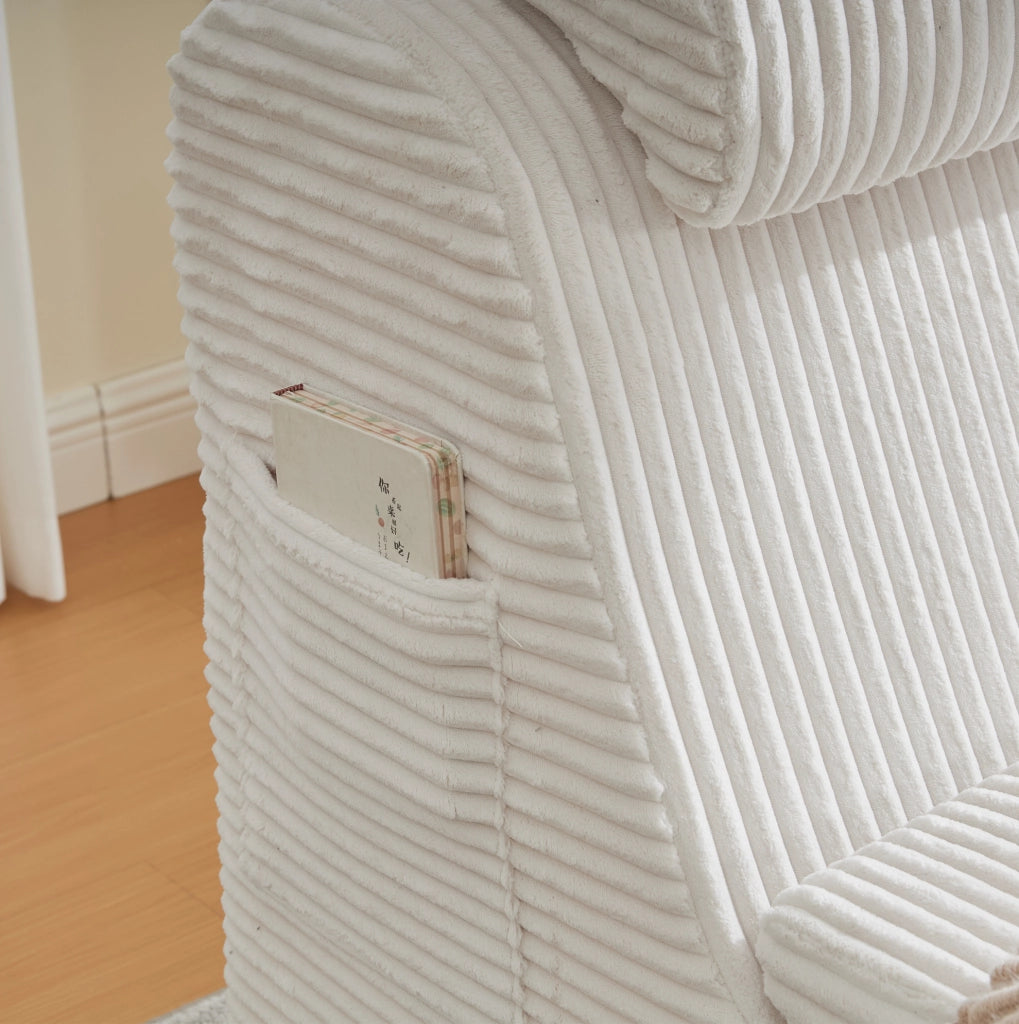 Poltrona ergonomica in velluto a coste con cuscino removibile e tasca laterale; beige; 160x66x90 cm