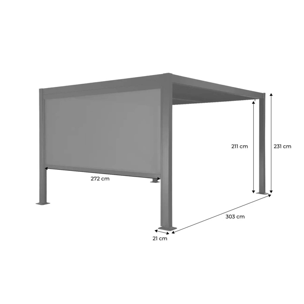 Pergola bioclimatica 3x3m in alluminio e acciaio + tenda 3m, nero