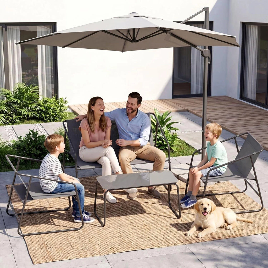 Set Salotto da Giardino 4 Pezzi, Mobili da Balcone in Tessuto Texteline con Divano 2 Posti, 2 Poltrone e Tavolino, Resistente alle Intemperie, Ideale per Balcone Terrazza Giardino, Grigio