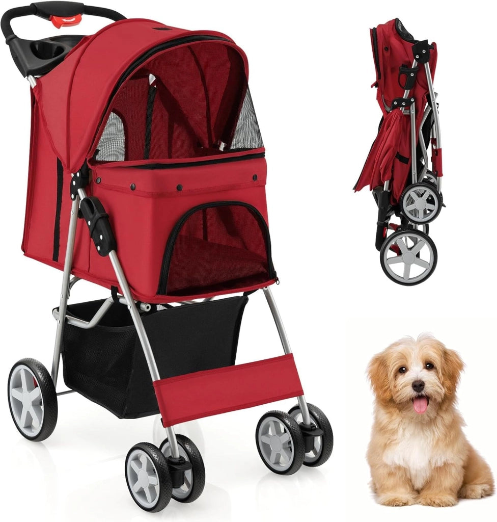 Passeggino per Cani e Gatti Pieghevole Fino 15 kg, Carrello per Animali Domestici, Trasportino Carrozzina Portatile da Viaggio e Passeggio con Tettuccio per Cuccioli, 87 x 46 x 102 cm (Rosso)