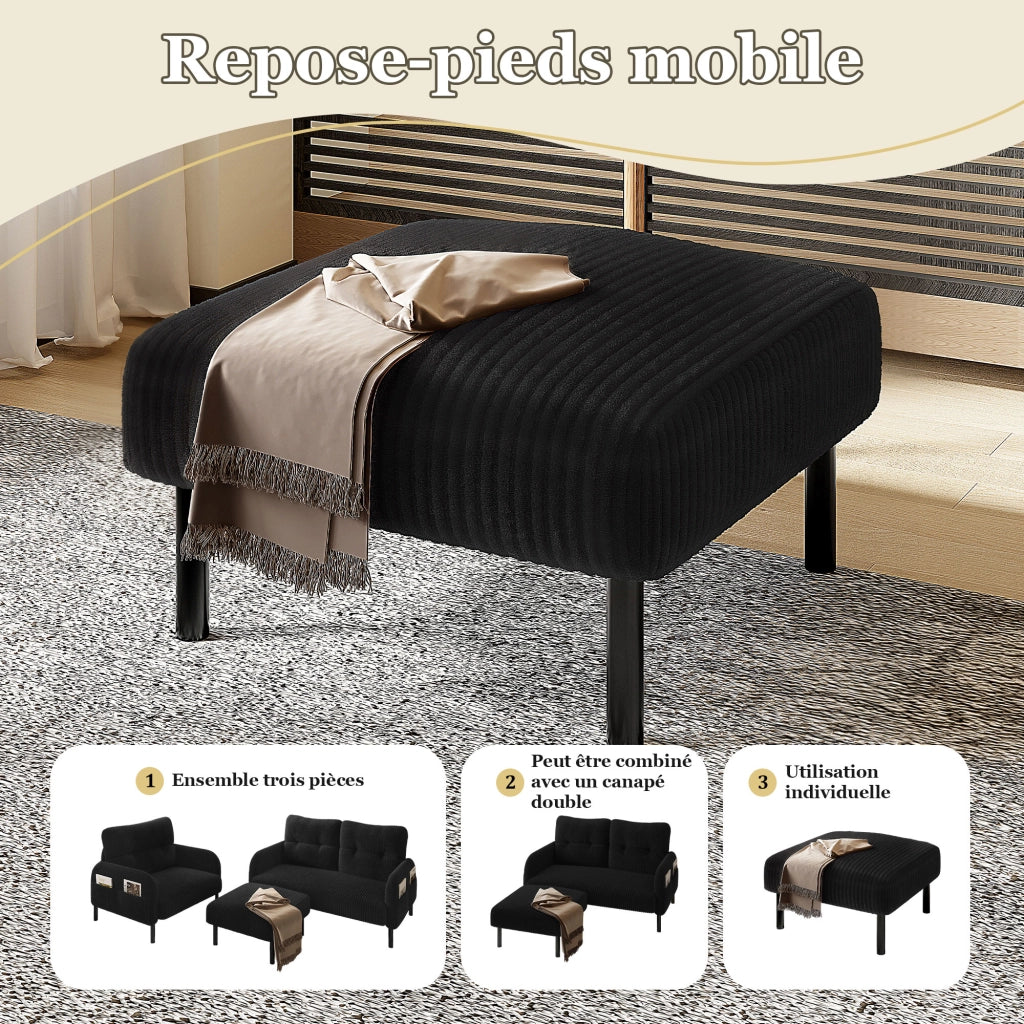 Poggiapiedi con Seduta Imbottita; Sgabello Multifunzione per Soggiorno o Camera; in Velluto a Coste; Nero
