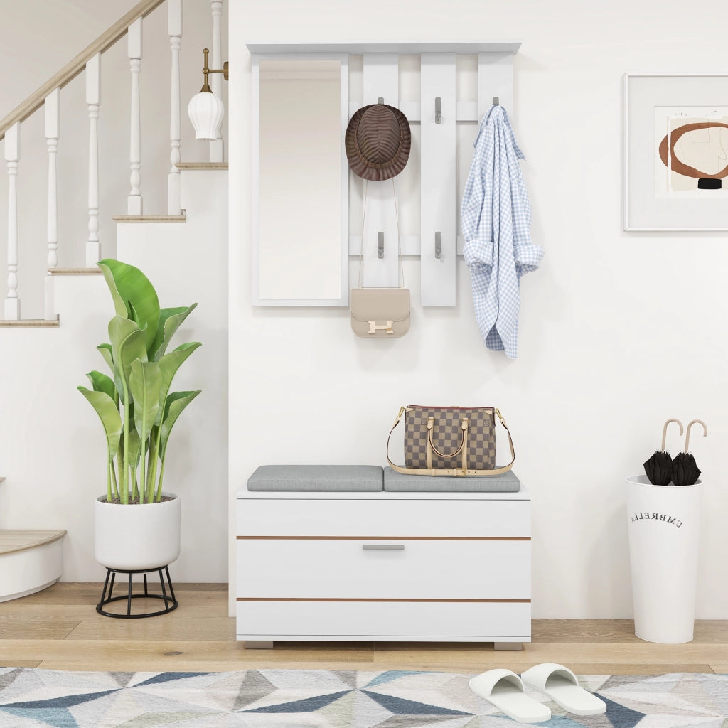 Set Ingresso con Appendiabiti, Specchio, Panca e Scarpiera ¨C Zephmum ¨C Bianco