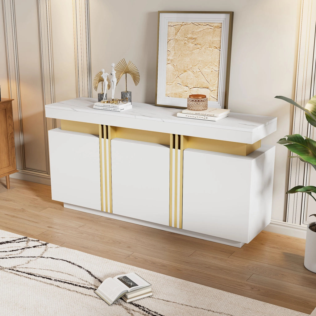 Credenza moderna bianca con 3 ante e ripiani regolabili in truciolare effetto marmo 140 × 38 × 70 cm