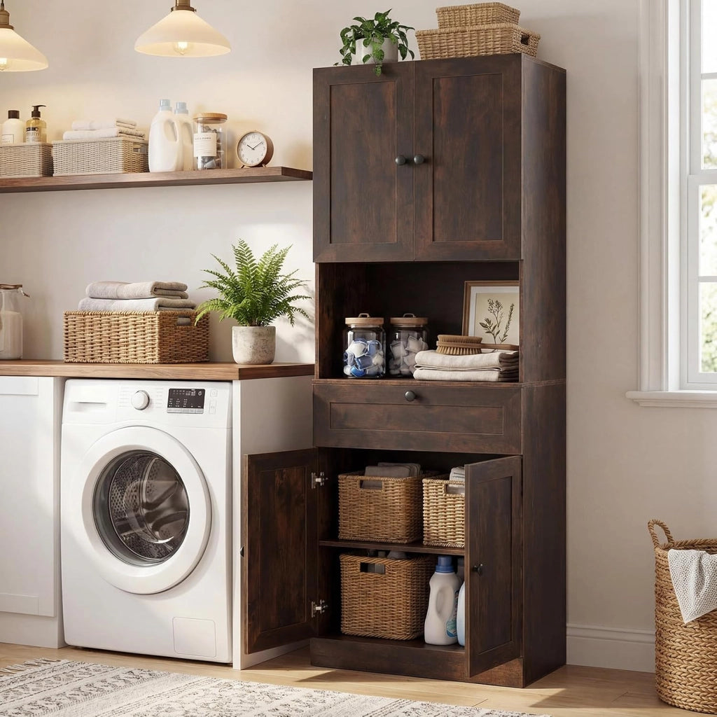 Mobile da Bagno Salvaspazio, Mobile da Terra con 4 Ante, 1 Cassetto, Vano Aperto e Ripiani Regolabili, Credenza Dispensa Cucina in Lgeno per Soggiorno e Ingresso, 60 x 35 x 171,5 cm (Marrone)