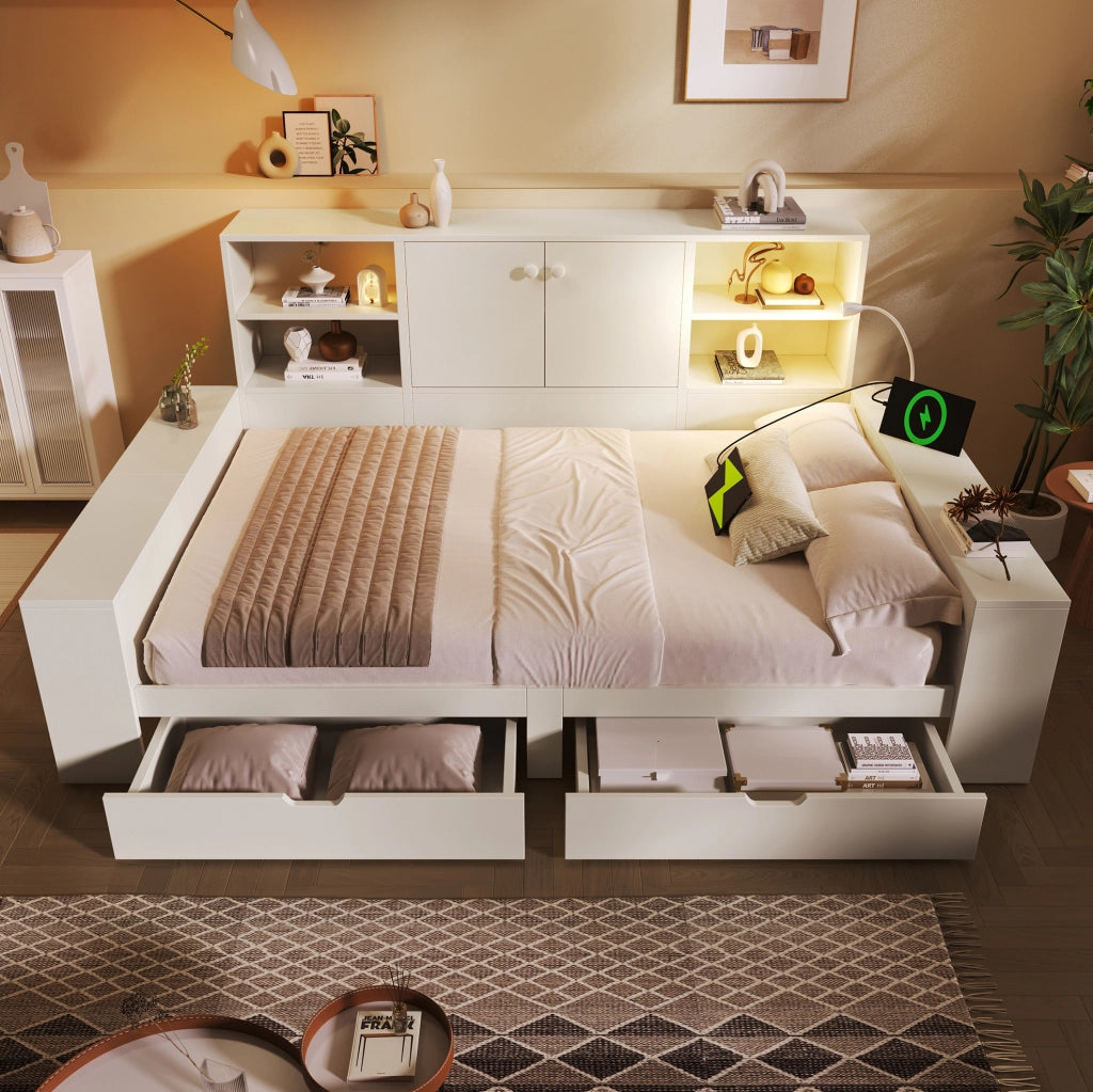Letto 140x200 cm con cassetti, vani contenitivi e prese USB/USB-C