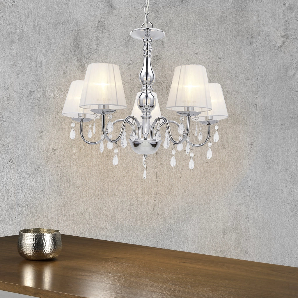 Lampada a Sospensione a 5 Bracci con Paralumi Conici e Cristalli Artificiali - Cromo / Bianco lux.pro