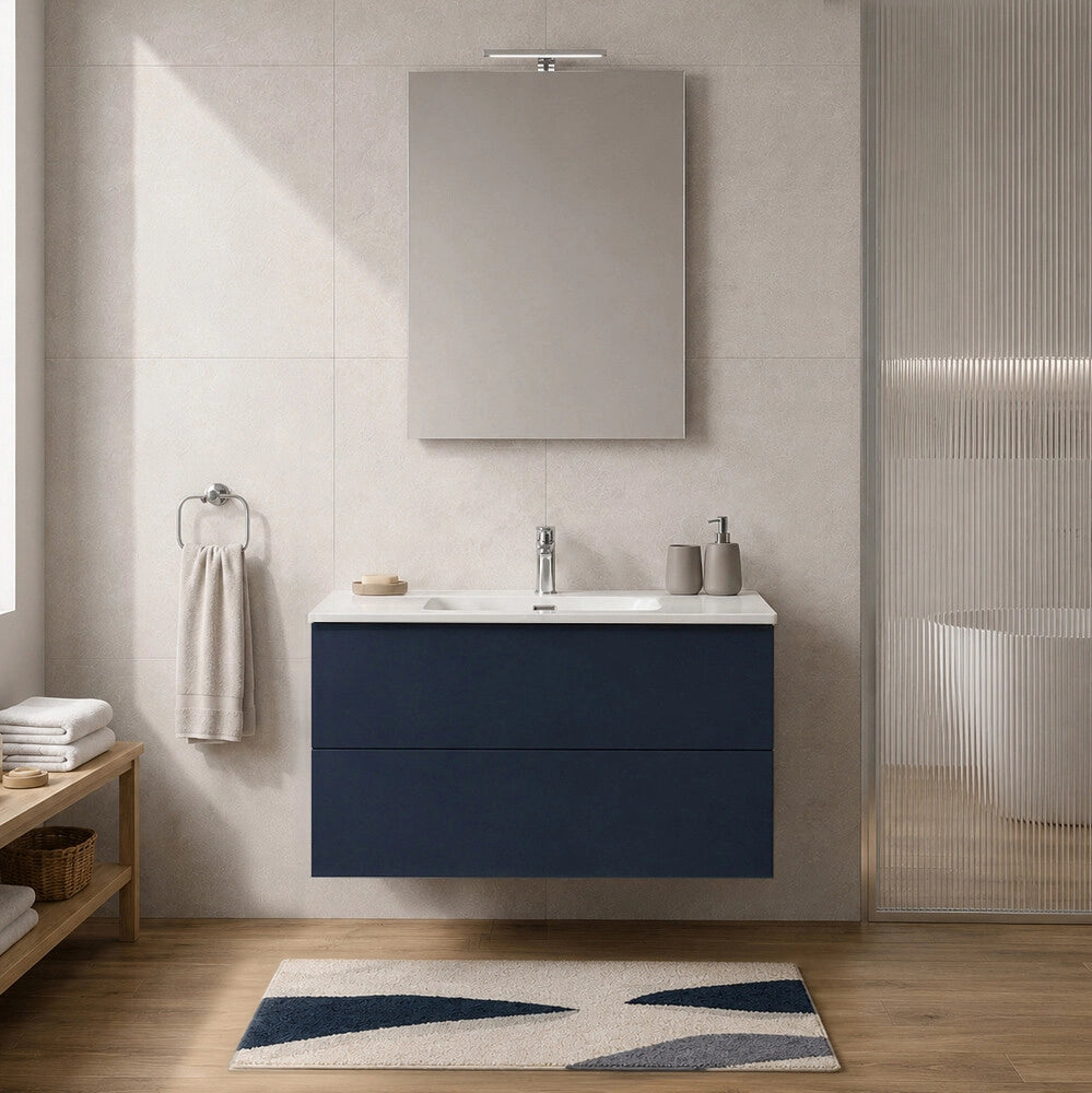 Mobile bagno sospeso 100 cm blu due cassetti push-pull e lavabo Tierra