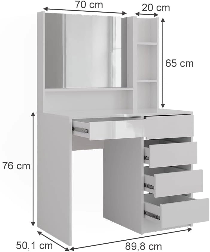 Tavolo da toeletta Sherry, Bianco/bianco lucido, 89.8 cm 3 parti, con grande specchio per la routine cosmetica quotidiana