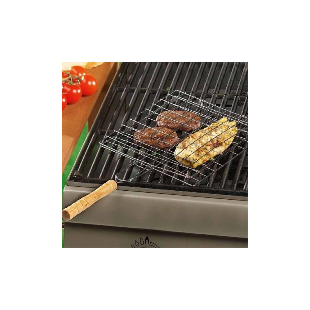 Trade Shop - Graticola Griglia Quadrata In Metallo 20x20cm Con Manico In Legno Per Barbecue -