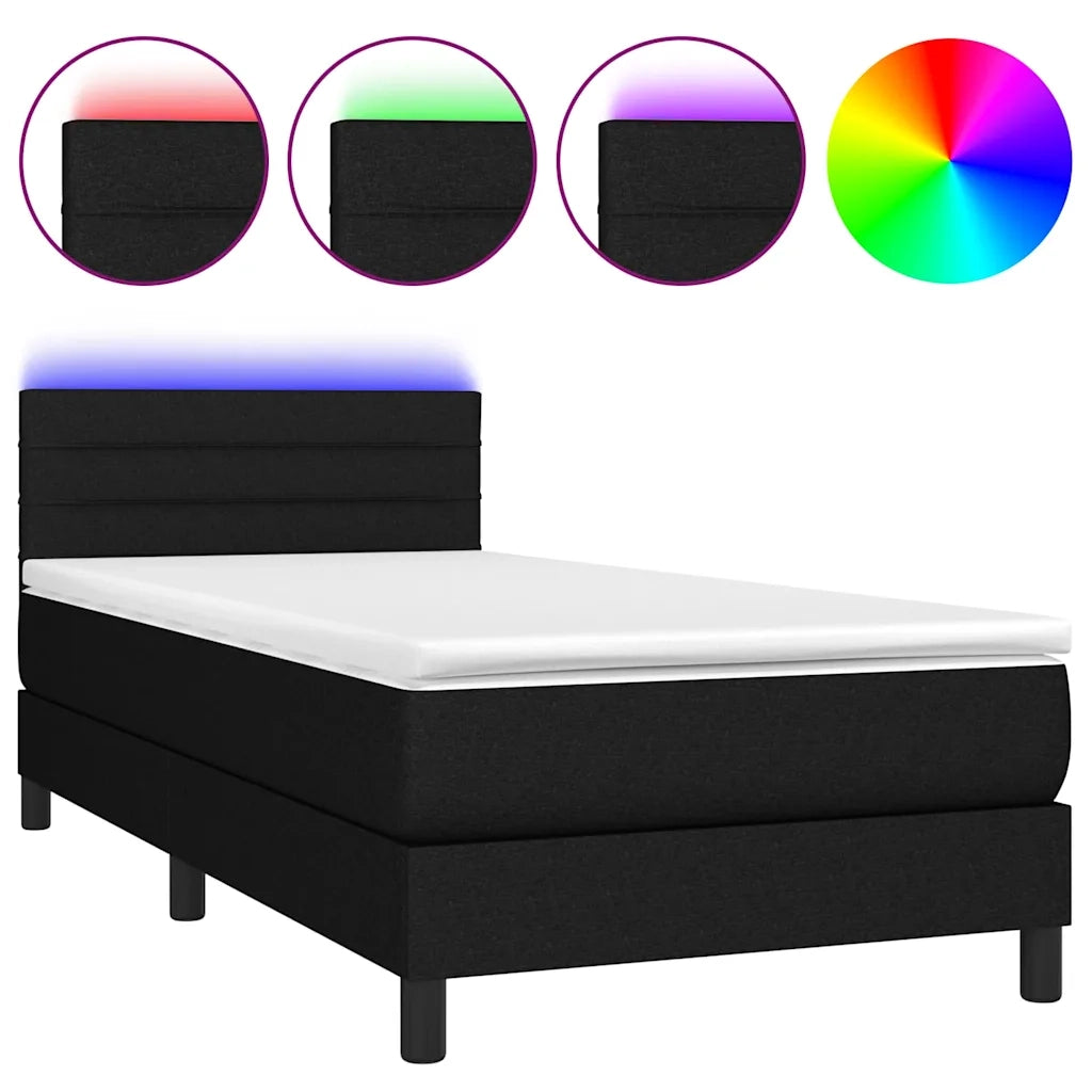 Letto singolo | Letto per adulti | Letto a Molle con Materasso e LED Nero 90x200 cm in Tessuto
