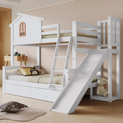 OKWISH Letto a Castello 90×200 cm e 120×200 cm, Letto 3 Posti con Scivolo, 2 Cassetti, Scala Inclinata e Finestra, senza Materasso