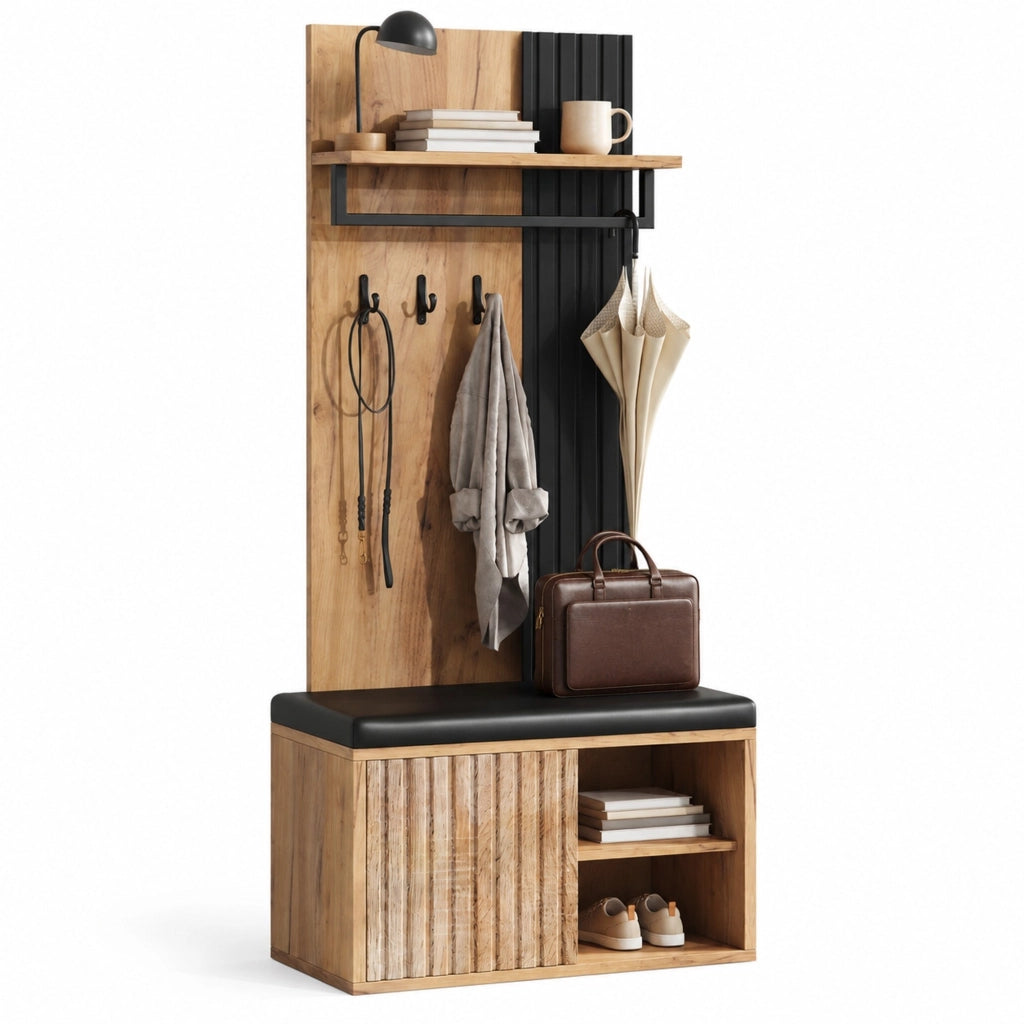 Mobile ingresso con scarpiera a 2 ante, 3 ganci e panca imbottita, 70 x 36 x 146 cm, nero e naturale