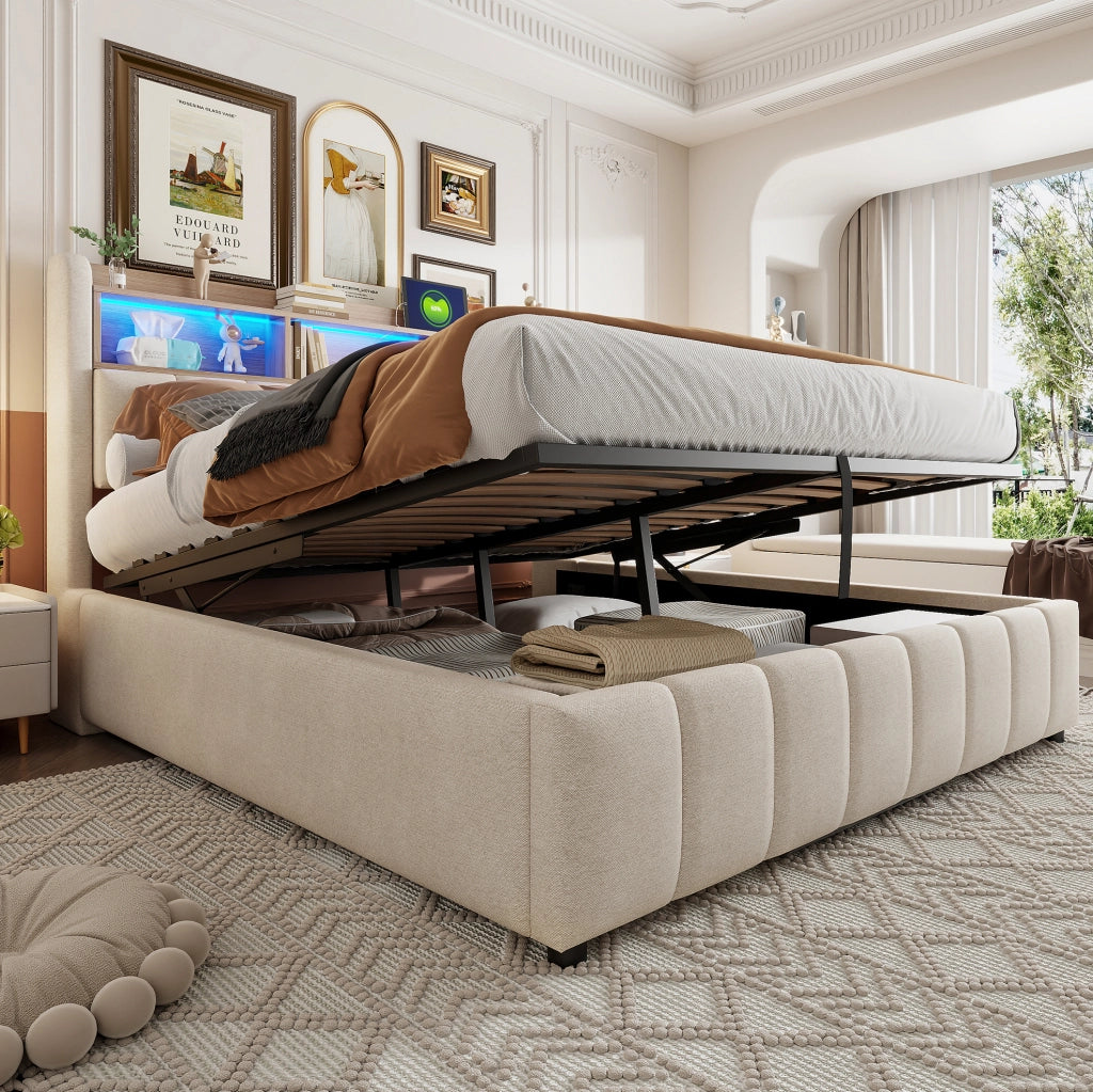 Letto matrimoniale imbottito 180x200 cm beige con LED, USB-C e vano contenitore