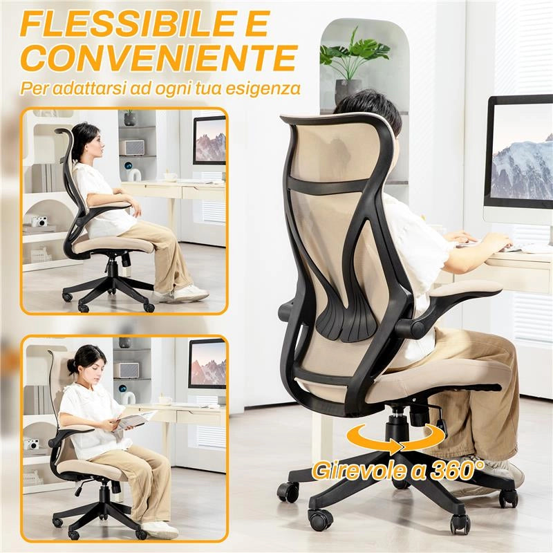 SEDIA DA UFFICIO CON BRACCIOLI RIBALTABILI ALTEZZA REGOLABILE E SCHIENALE INCLINABILE BEIGE
