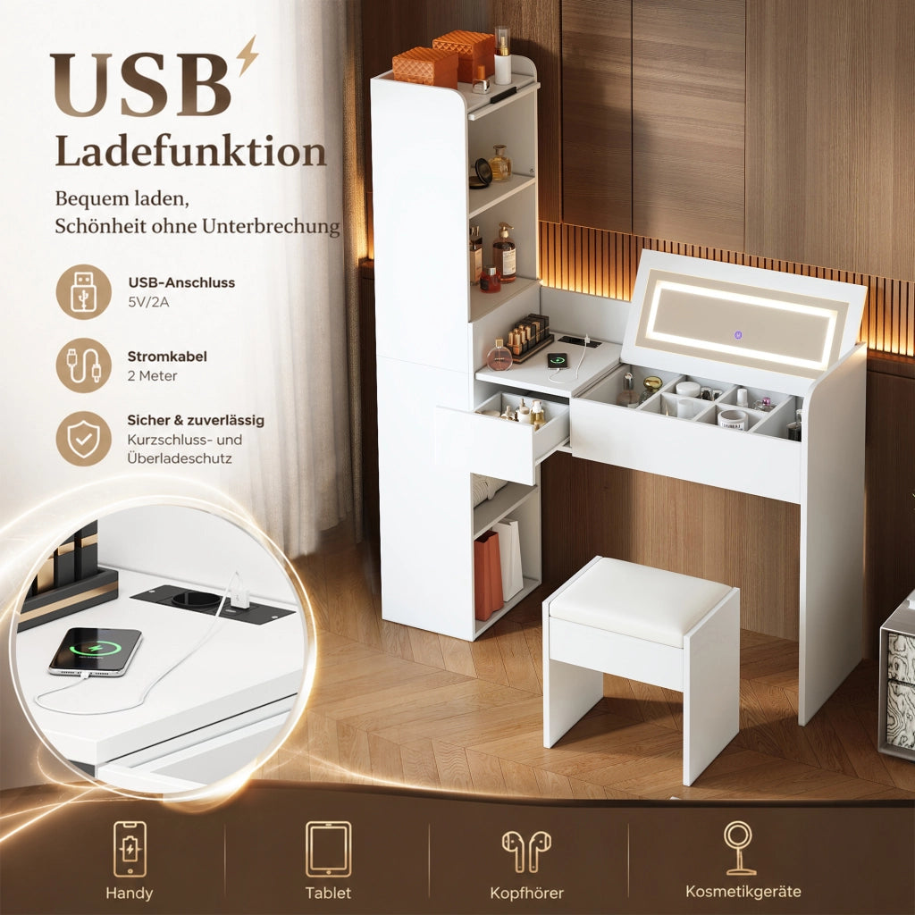 Toeletta con specchio LED pieghevole tre luci USB armadio laterale e sgabello bianca 131 × 40 × 160 cm