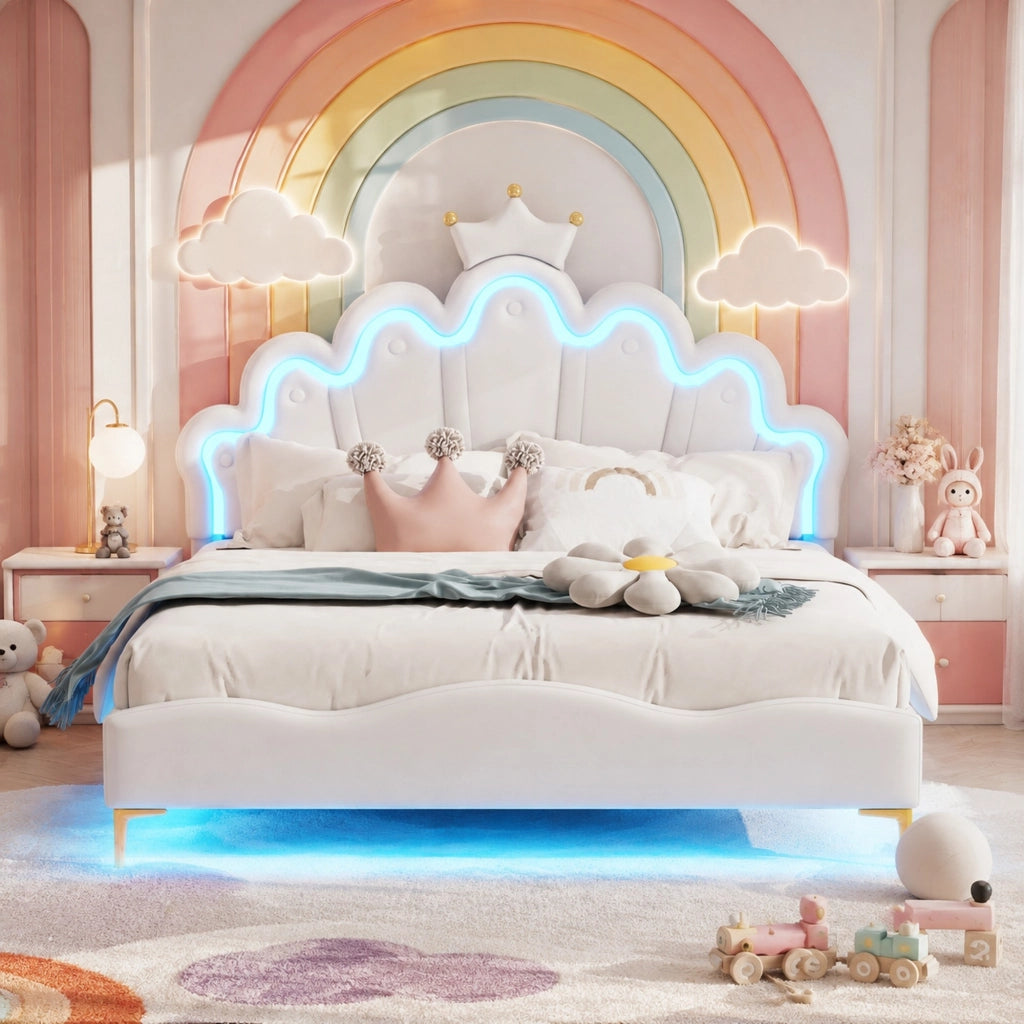 LETTO 140x200 cm in PU Bianco con LED
