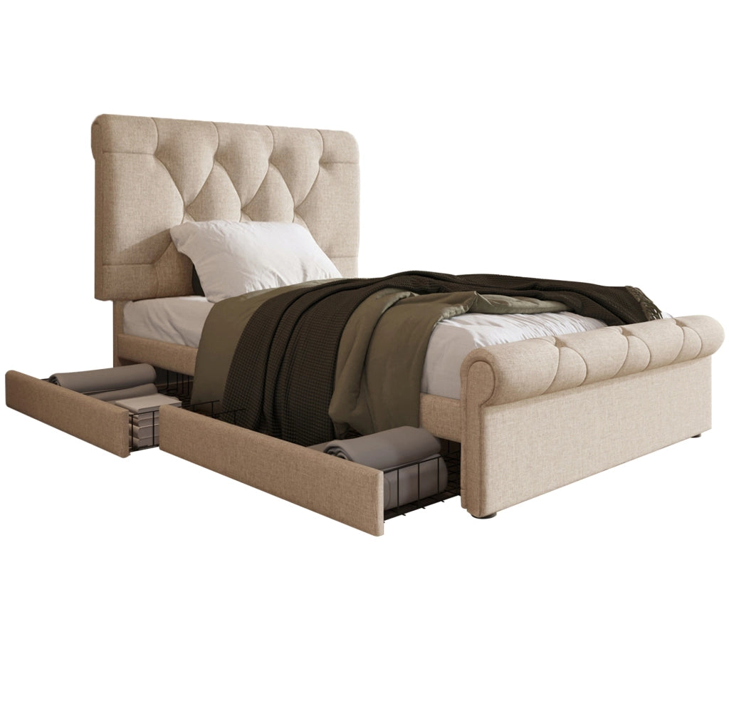 Letto singolo imbottito 90x200 cm con 2 cassetti e testiera regolabile; naturale