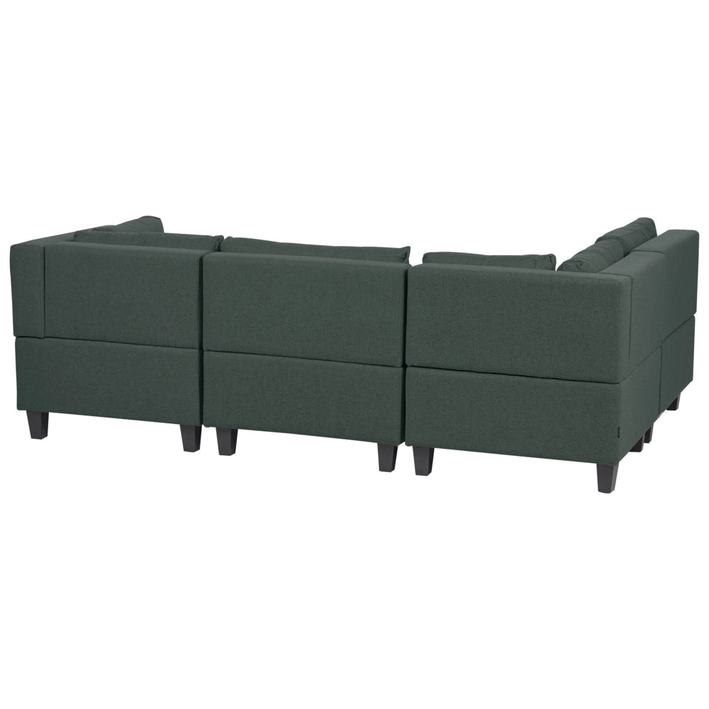 Divano componibile a 4 posti imbottito in tessuto verde scuro gambe nere lato destro con ottomana stile moderno