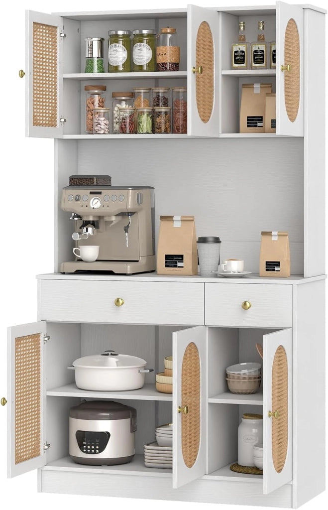 Credenza Alta da Cucina con Stazione di Ricarica, Armadio Dispensa con 2 Cassetti e Ante, Mobile Buffet con Ripiani Regolabili, per Sala da Pranzo, Soggiorno, 100 x 40 x 180 cm (Nero)