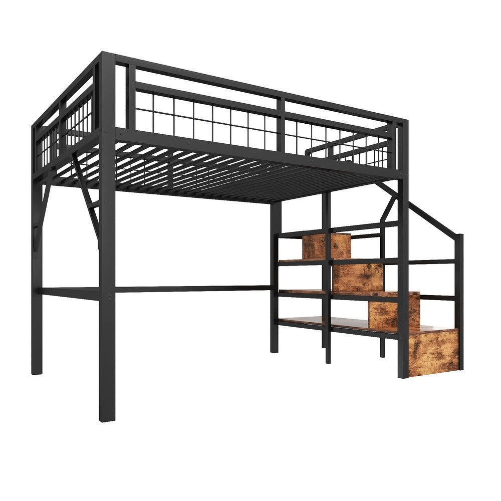 Letto a Soppalco 140x200 ¨C Xylo ¨C Nero, Metallo, LED, Scala con Contenitore