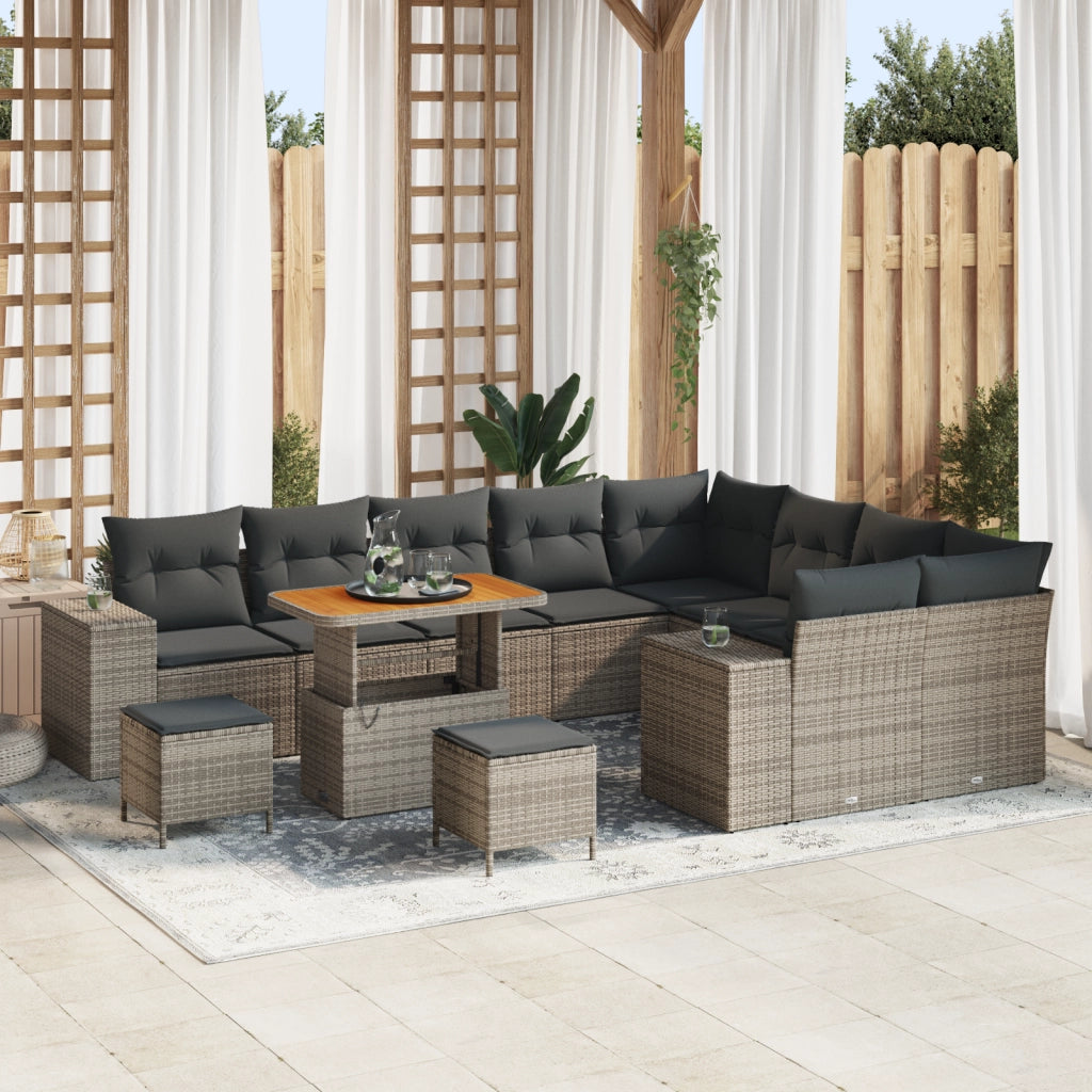 Set di Divani da Giardino da 12 Pezzi con Cuscini Grigi in Polirattan e Acacia