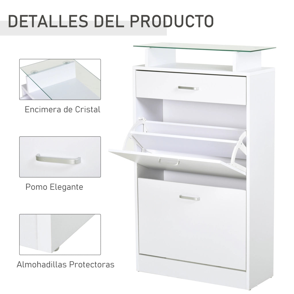 Armadio Scarpiera con Cassetti e Ripiano in Vetro ¨C Zephmum ¨C Bianco 60x24x105,5 cm