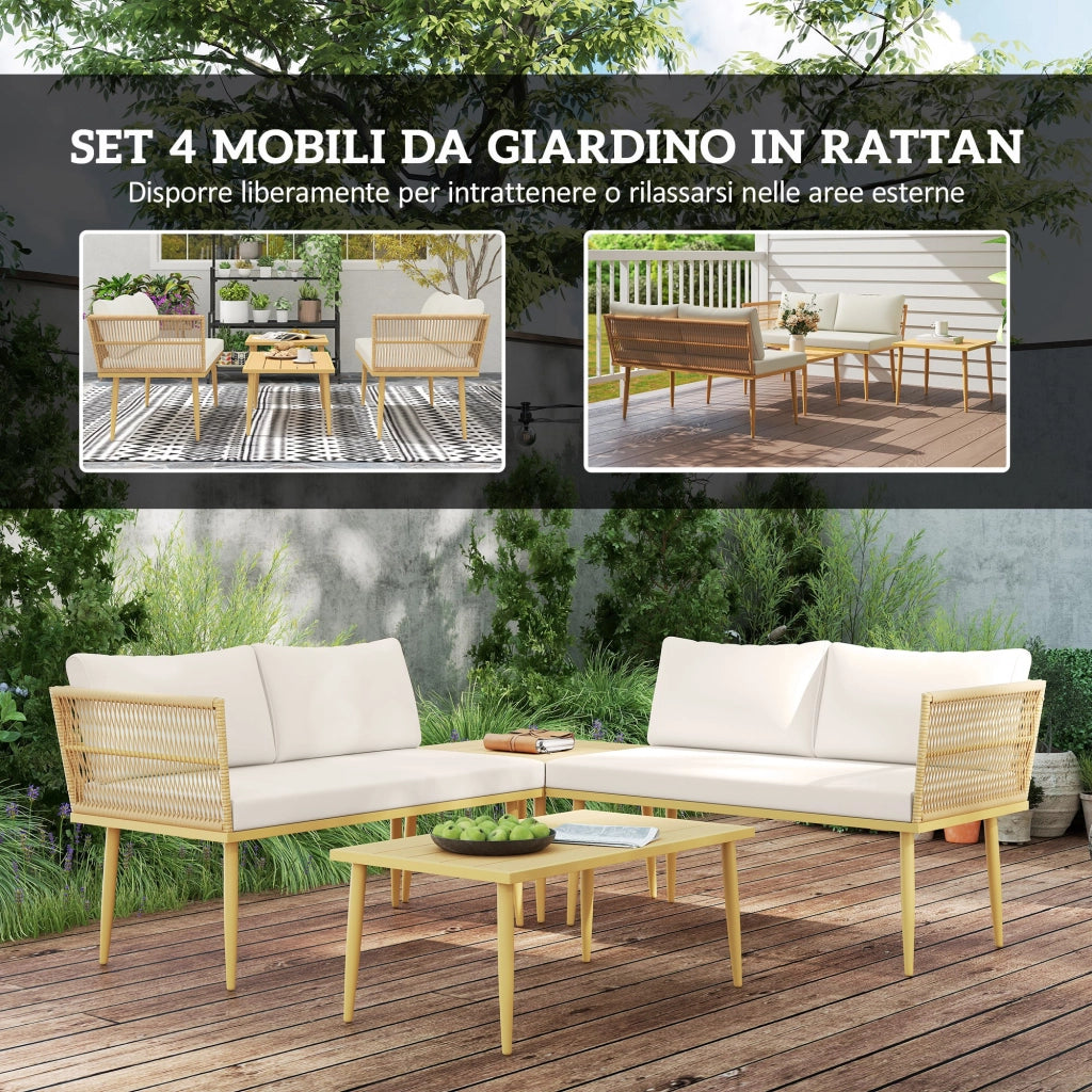 Set Divani da Giardino 2 Posti in Rattan con Cuscini e 2 Tavolini ¨C Zephmum ¨C Legno