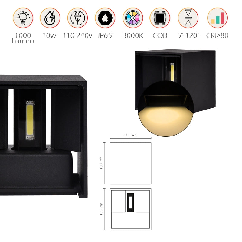 APPLIQUE LED CUBO NERO 10W LUCE CALDA 3000K° - DESIGN ELEGANTE CON DOPPIA EMISSIONE REGOLABILE IP65 PER ESTERNI